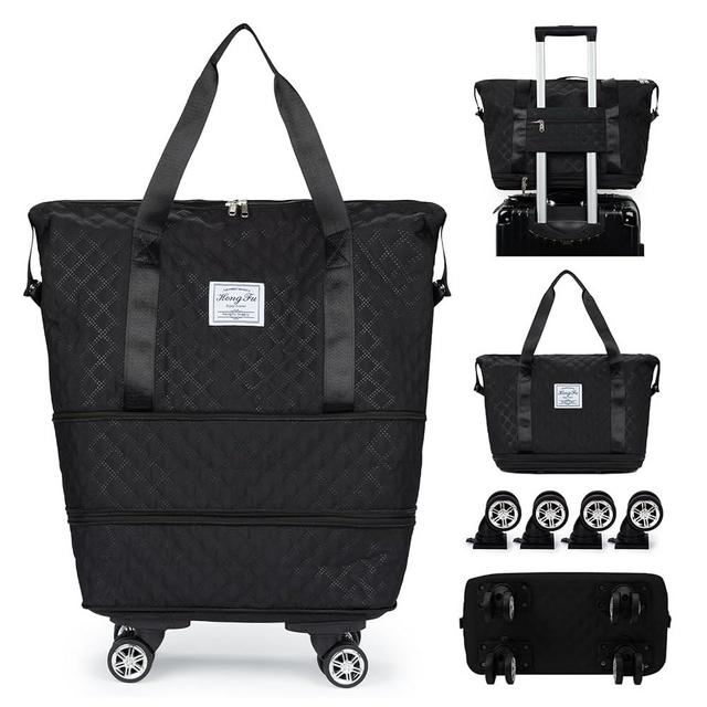 CALUOMATT Flodable Travel Bag Expandable,Rolling Duffle Bag with Wheels,Weekender Travel Bag with Detachable Rolling Wheels for Women and Men,Duffle Bag for Travel with Wheels Black
