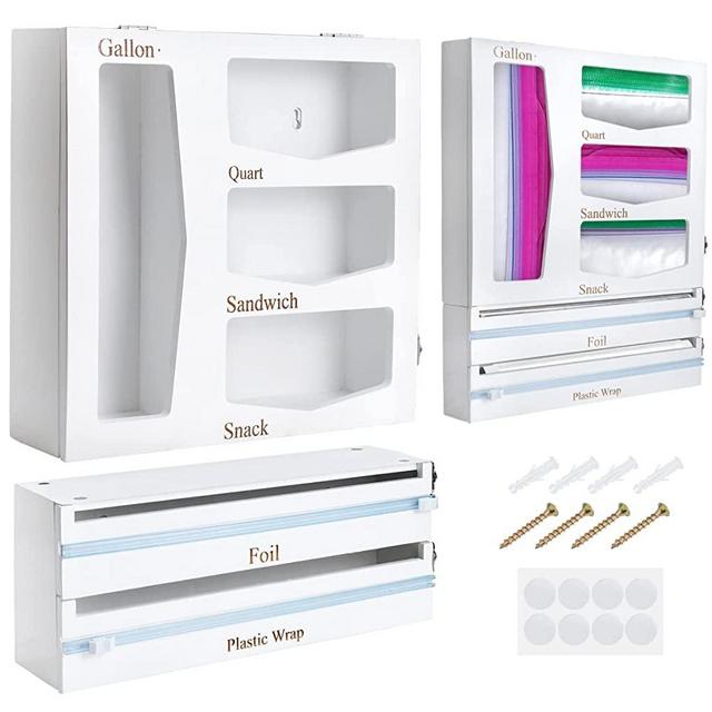 Ziplock Bag Storage Organizer, Foil & Plastic Wrap Dispenser with Cutter, Zip Lock Bag Container Organizer for Gallon, Quart, Sandwich &Snack Size, Bamboo Sandwich Bag Organizer for Kitchen Drawer