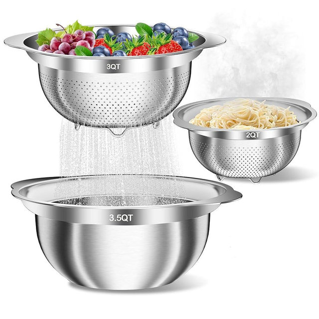 Stainless Steel Colanders with Mixing Bowl - 3.0QT & 2.0QT Strainer and Colander with Handle, 3.5QT Nesting Kitchen Bowl with Colander For Pasta, Vegetables, Fruit, Rice