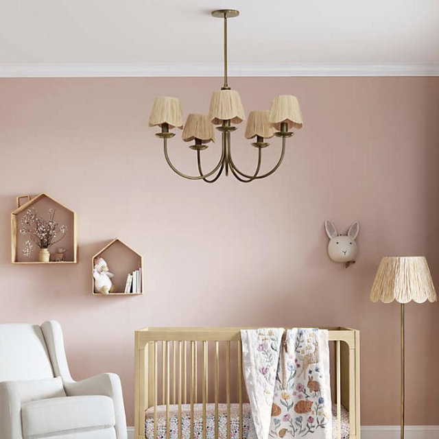 28" Rattan Chandelier, Large Modern Pendant Light Fixtures with Flower Shades Antique Brass Brush Paint Finish for Dining Room, Kitchen Island, Foyer, Living Room 5-Light
