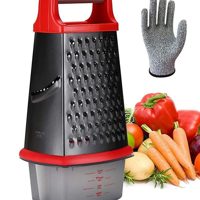 Ourokhome Stainless Steel Box Grater - 4 Side XL Cheese Grater with a Container Box and Resistant Glove (Red and Black)