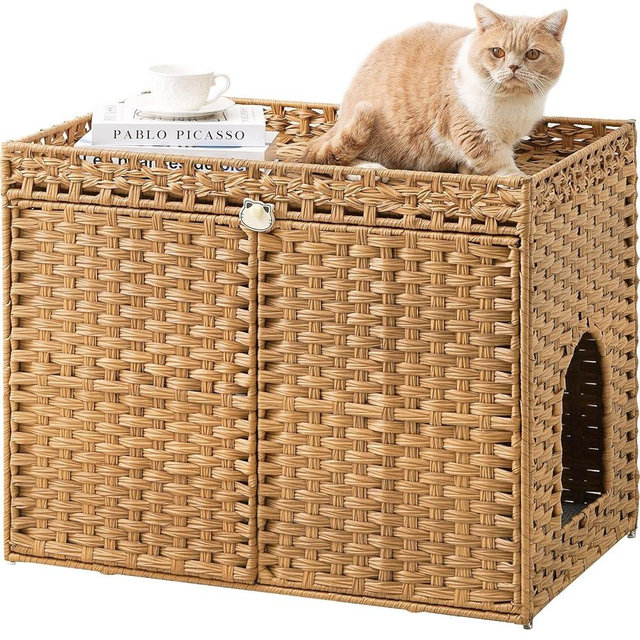 SETVSON Cat Litter Box Enclosure Furniture, Handwoven Rattan Hidden Litter Box with Mat, Large Space Cat House with 2 S-Shaped Hooks 30.3 x 18.3 x 24.4 Inches, Indoor for Living Room Apartment Natural