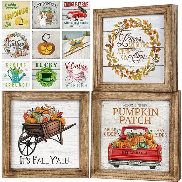 Set of 3 Rustic Wood Frames for Tiered Tray Decor with 36 Seasonal Interchangeable home signs Farmhouse Home Decor for the Spring, Summer, Fall, Winter, Christmas, Easter, Thanksgiving, 4th of July, Halloween, Valentines & St Patrick’s Day, 7x7 in.