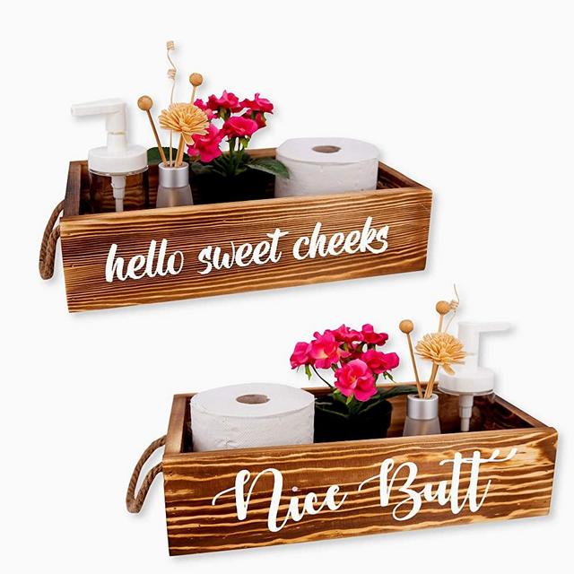 Nice Bathroom Decor Box, Hello Sweet Cheeks Toilet Paper Holder - Rustic Farmhouse Handmade Wooden Decoration Tray for Portable Counter Storage, Baby Diaper Caddy, Tissues Organizer Gifts (Brown)