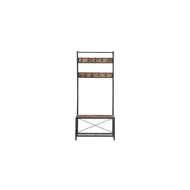 Industrial Wood and Metal Coat Rack with Shoe Bench Black/Brown - Benzara