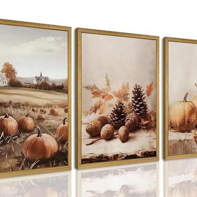 3-piece Framed Autumn Pumpkin Canvas Wall Art, Rustic Farmhouse Fall Harvest Pumpkin Pinecone Acorn Print Picture, Thanksgiving Country Landscape Wall Decor for Living Room Kitchen Bedroom 12x16 inch