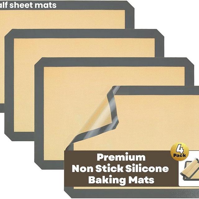 Silicone Baking Mats Half Sheet Non Stick for Oven Reusable 4 Pack - Thick Heavy Duty Silicone Baking Mat Cookie Sheet 1/2 Size for Macaron & Pastry - Half Size Rectangular Cooking Oven Liner Pad