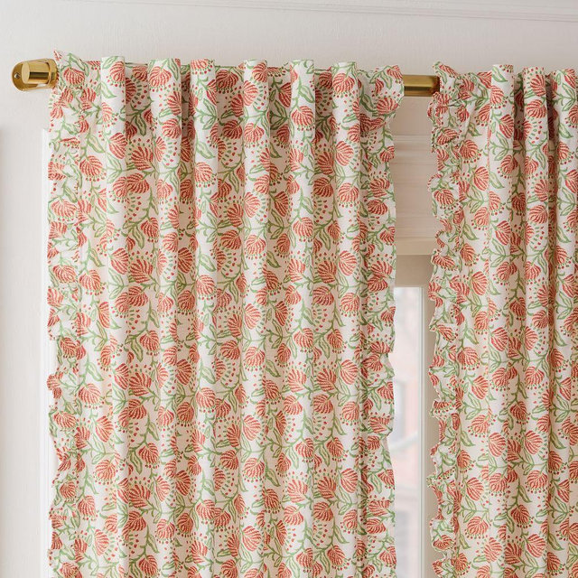 Vine Floral Ruffle Curtain S/2, 48x84, Apricot