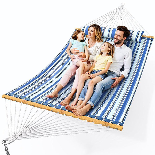 Everyfun Double Hammock with Spreader Bar,Soft Pillow,Max Load 500lbs,Portable Hammock for Outdoor,Camping,and Backyard,Blue