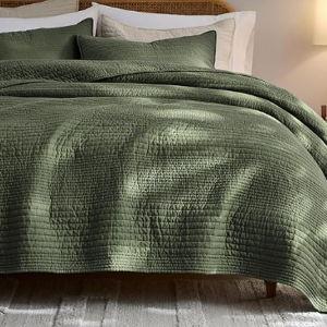 palassio Striped Olive Green 100% Cotton Quilt KING Size Bedding Sets, Lightweight Crinkly Channel Pick Stitch Textured Bedspread Soft Shabby Chic Farmhouse Country Coverlet for All Season, 2 Shams