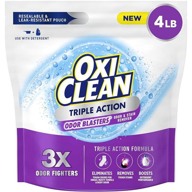 OxiClean Triple Action Odor Blasters, Removes Stains and Eliminates Tough Odors, Stain Remover Powder, Use with Detergent, Color-Safe and Chlorine-Free, 4 Lbs, Pack of 1