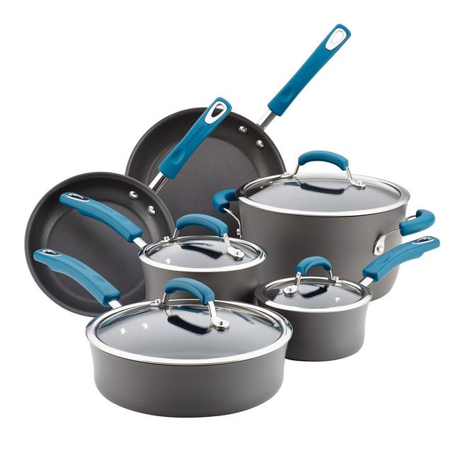 Rachael Ray 87650 10 Piece Hard-Anodized Aluminum Nonstick Cookware Set with Marine Blue Handles, One Size, Gray