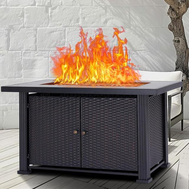 TROPOW 44 Inch Propane Outdoor Fire Pit Table, 50000BTU Rectangle Double Door Fire Table with Cover & Rain Cover, Add Warmth and Ambience to Parties On Patio Deck Garden,CSA Safety Certified