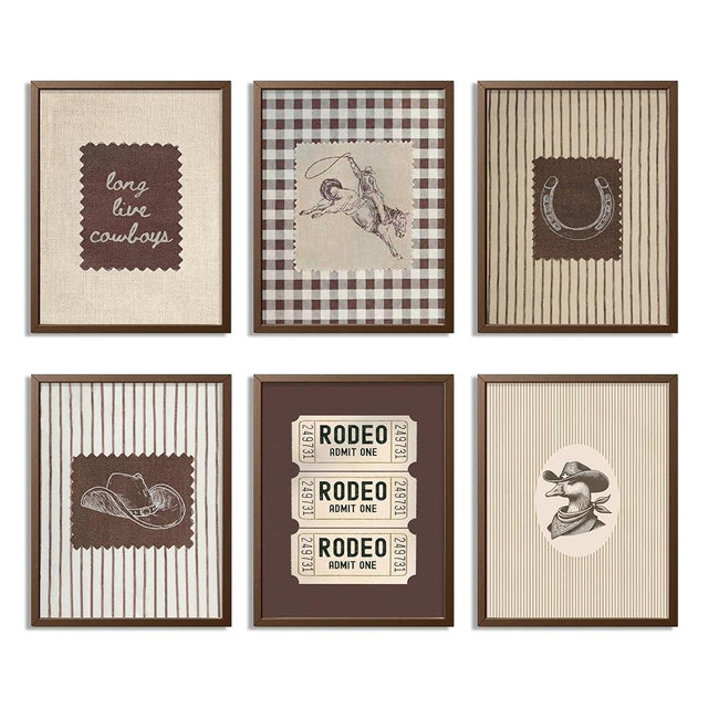 Zeredi Vintage Western Posters Wall Art Set of 6, Southwest Cowboy Canvas Wall Decor Paintings, Retro Stamp Mid West Mid Century Artwork Prints Pictures for Living Room Bedroom 8x10 Inch Unframed