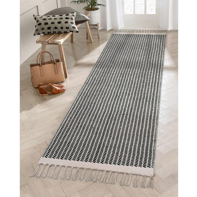 Lahome Boho Hallway Runner Rug, 2x7 Bathroom Runner Lightweight Entry Runner Woven Cotton Black Runner Rug with Tassels, Farmhouse Door Mats Indoor Low Pile Carpet Runner for Laundry Room Decor
