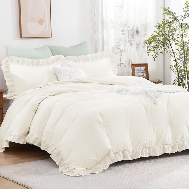 Andency Ivory Ruffle Duvet Cover Queen(90x90Inch), 3 Pieces Soft Washed Microfiber Vintage Shabby Chic Farmhouse Ruffled Duvet Cover Set with Zipper Closure & Corner Ties