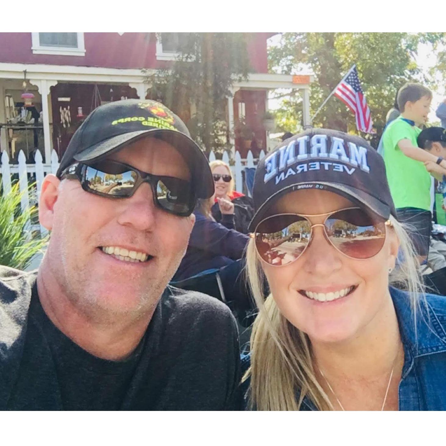 Retired Marine and Marine Veteran enjoying Veteran's Day Parade in Murrieta