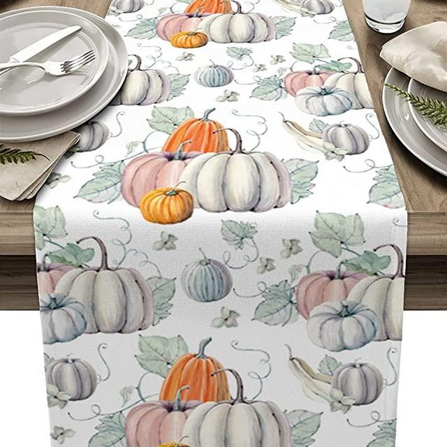 Artwork Store Thanksgiving Day Cotton Linen Table Runner Dresser Scarves,Watercolor Fall Harvest Farm Pumpkins Table Runners for Dinning Table,Holiday Farmhouse Dinner Kitchen Decoration-13x70 Inch