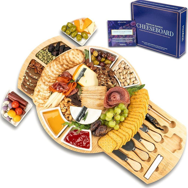 VAREZZA Extra Large Charcuterie Boards Set: 16 in Round Bamboo Cheese Board and Knife Set - Cheese Tray, Bamboo Fruit Cheese Platter, 10 Charcuterie Boards Accessories, House Warming Gifts New Home