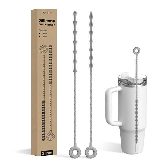 YOTIME Silicone Straw Cleaner Brush, 2 Pcs Reusable Straw Brush(6mm+9mm) for Cleaning Narrow & Wide Straws, Tumblers, Gray