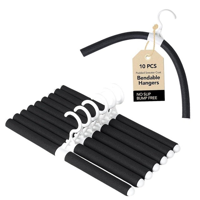 Displays By Jack No Shoulder Bumps Sweater Coat Cloth Hangers Padded Bendable Hanger for Bump Free Clothing Adjustable, Extended Width 21""(Black, 10)