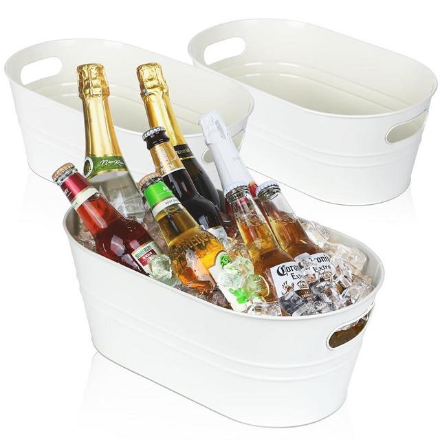 3 Pcs Galvanized Tub 3 Gallon Ice Bucket Large Metal Bucket for Parties Beverage Tub with Handles for Champagne Cocktails Wine Cooling for Mimosa Bar Supplies (White)