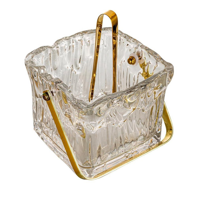 Creative Co-Op 24-Ounce Textured Glass Ice Bucket with Gold Finish Handle and Tongs, Clear/Gold