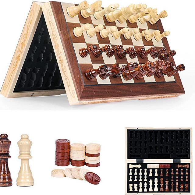 Syrace Magnetic Chess & Checkers Set Board Games, Wooden Foldable Hand Carved Portable Travel Chess Board Game Sets with Game Pieces & Storage Slots 15.74"