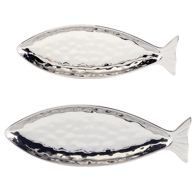 Silver Coast 3-D Porcelain Silver Plated Fish Platter Set, 2-Piece – Coastal-Inspired Hammered Finish Serveware, 17.25" x 6" – Perfect for Seafood, Sushi, Charcuterie, and Elegant Entertaining