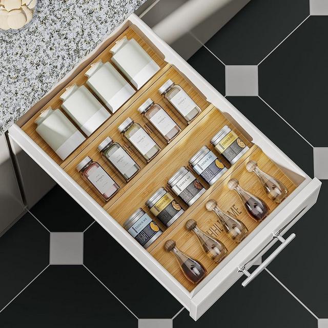 OHHLIHOME Bamboo Spice Drawer Organizer - 4 Pack 13"x4.7"x1.6" Spice Rack Tray - Spice Jars Drawers Insert - Seasoning Organizer for Drawers/Countertop (Jars not included)…