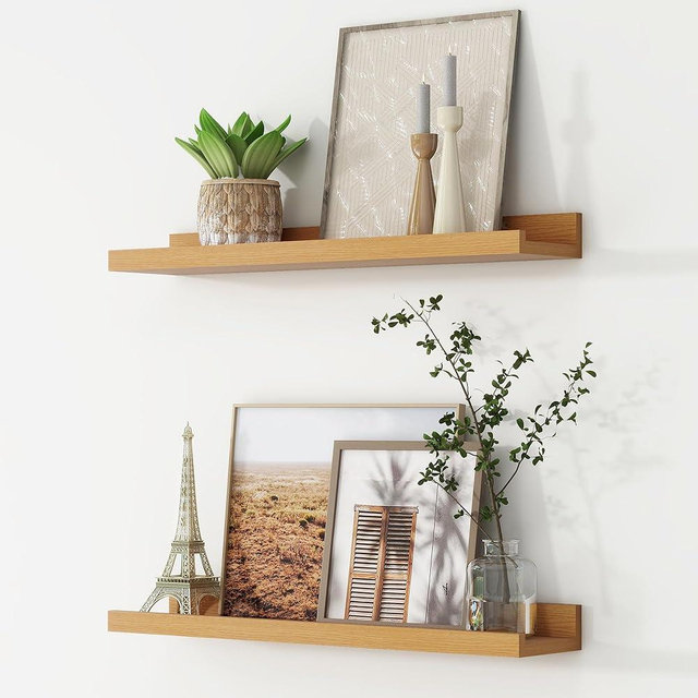 Picture Ledge Shelf, Floating Shelves Set of 2, 24 Inches Nursery Book Shelves for Toys Storage, Kids Bookshelf Wall Mounted for Living Room Bedroom Decor Books Photo Frames, Natural Oak