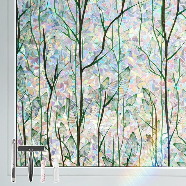 LEMON CLOUD Privacy Window Film 3D Stained Glass Window with Installation Tools,No Glue Static Cling Window Sticker,Decorative for Glass Door,Bathroom,Office and Home (Grove Rainbow,17.5 x 78.7 Inch)