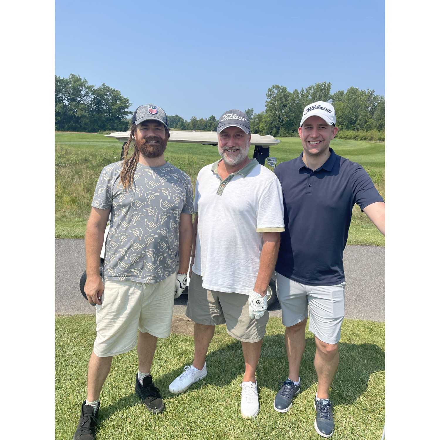 Three Petes on a par four. Peter golfing with Larissa's dad and brother. Buffalo New York 2021
