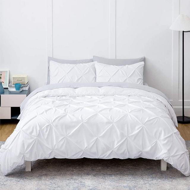 Bedsure White Duvet Cover Queen Size - Pinch Pleated Queen Size Duvet Cover Set with Zipper Closure, Microfiber Pintuck Duvet Cover(White, Queen)