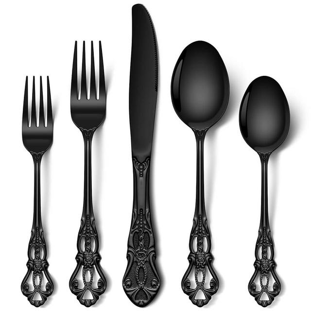 Stapava 40 Pcs Black Silverware Set, Gorgeous Retro Royal Silverware Set for 8, Stainless Steel Mirror Flatware Cutlery Set, Include Forks Spoons and Knives set, Dishwasher Safe Utensils