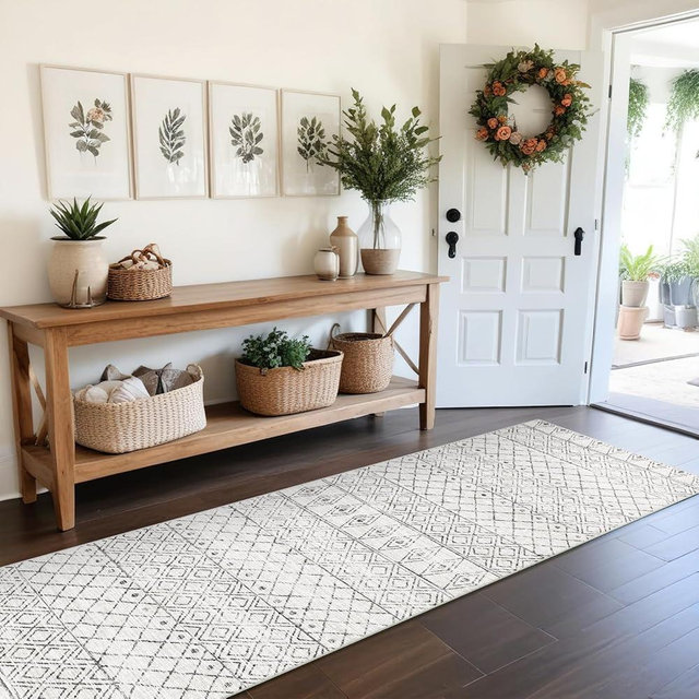 BYYVOO Hallway Runner Rug Washable 2'6"x8': Moroccan Non Slip Runner Rugs Soft Indoor Floor Carpet Low Pile Mat with Rubber Backing for Living Room Kitchen Bedroom 2'6"x8' Geo Grey