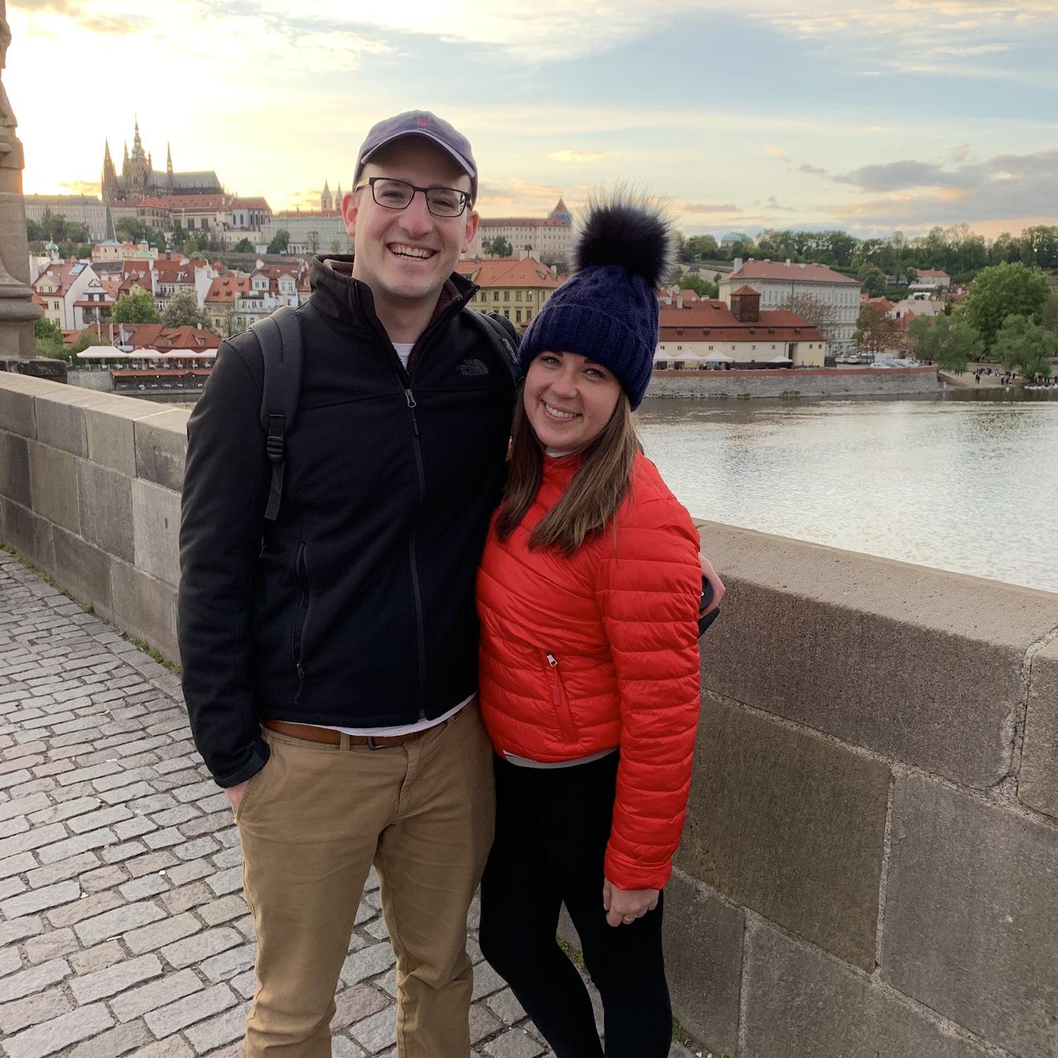 Walking across Charles Bridge in Prague, Czech Republic. Daniel presented at a research conference! May 2019