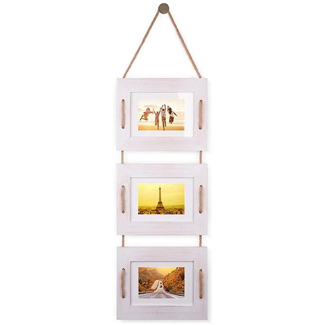 DLQuarts Hanging Picture Photo Frames Collage 5x7 Without Mat & 3.5x5 with Mat, Rustic Wood 3-Frame, Vintage White