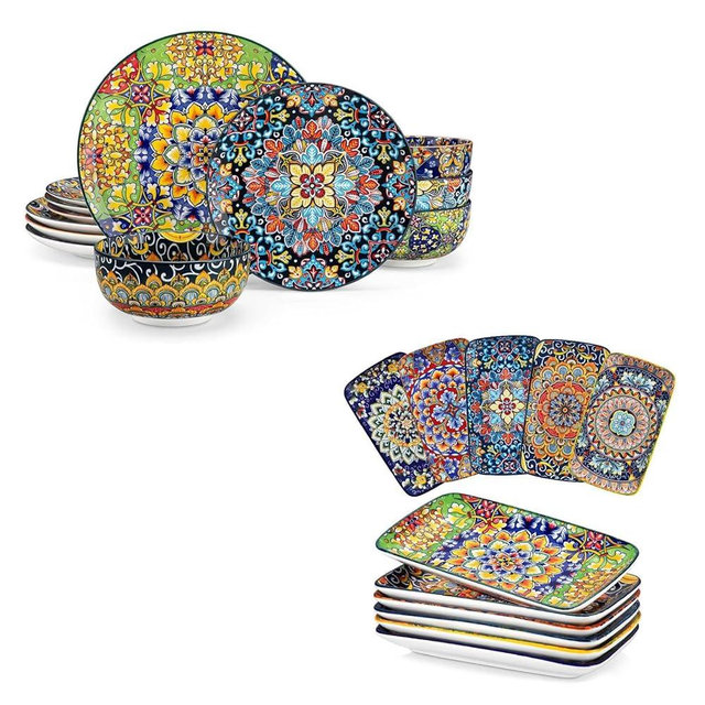 vancasso 12-Piece Multicolor Geometric Dinnerware Set - 4 Place Settings with 4 Dinner Plates, 4 Salad Plates, and 4 Cereal Bowls - Dishwasher and Microwave Safe