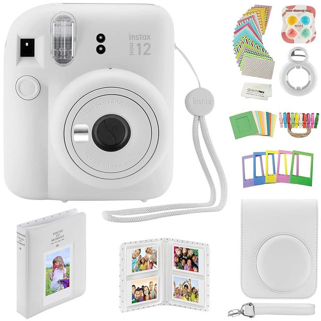 Fujifilm Instax Mini 12 Instant Camera with Case, Decoration Stickers, Frames, Photo Album and More Accessory kit (Clay White)