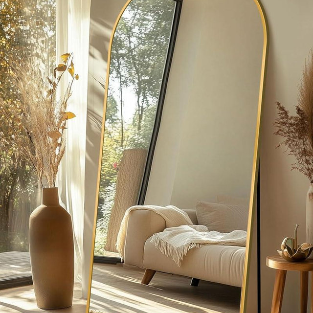 Full Length Mirror with Stand, 71"x28" Arched Full Body Mirror, Large Stand Up Mirror, Aluminum Frame Floor Standing Mirror, Freestanding Hanging Leaning Mounted for Bedroom Living Room Entryway Gold
