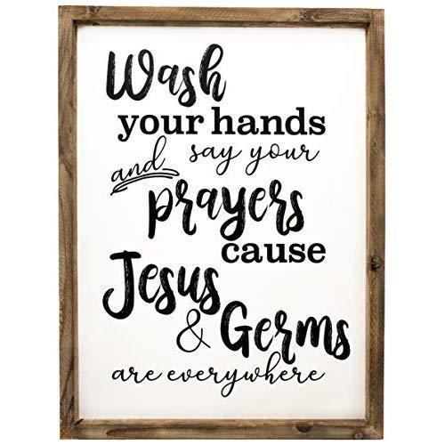 Cam n Honey Funny Rustic Wooden Bathroom Wall Decor-Farmhouse Decor Jesus and Germs Wall Art-12x16 inches Wood Framed Wall Hanging Quote Sign