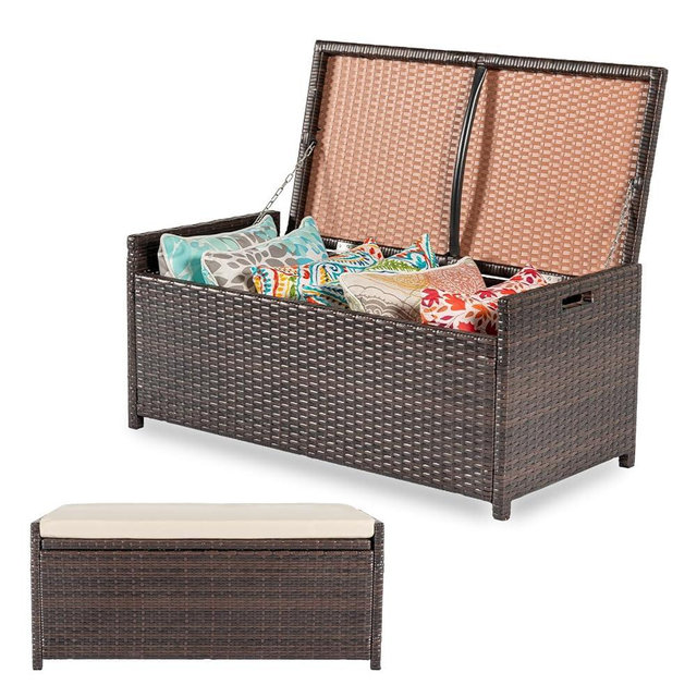 PROHIKER 2-in-1 Wicker Deck Box Bench, All-Weather 55 Gallon Outdoor Storage Box with Cushions and Waterproof Bag, Rattan Storage Bench for Pool Tools, Outdoor Equipments and Garden Tools, Brown/Beige