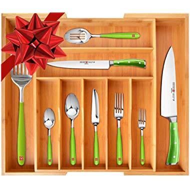 ROYAL CRAFT WOOD Bamboo Kitchen Drawer Organizer - Expandable Silverware Organizer/Utensil Holder and Cutlery Tray with Grooved Drawer Dividers for Flatware and Kitchen Utensils