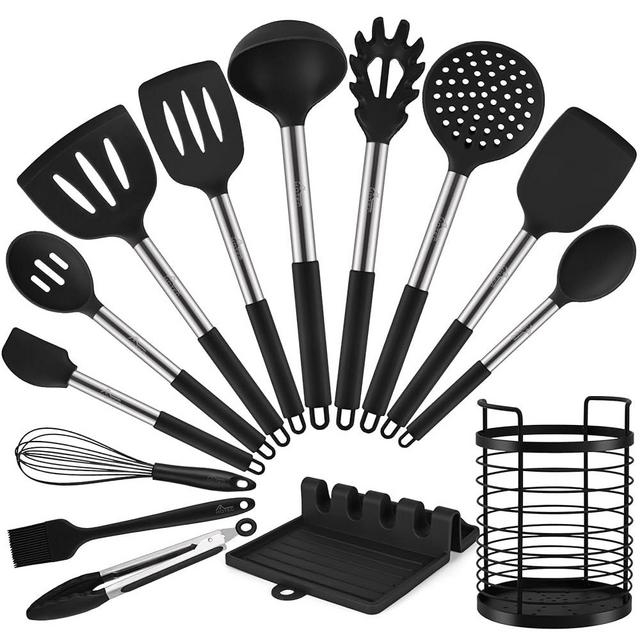 HOTEC Heat Resistant Silicone Kitchen Utensils, Cooking Utensil Set, Spatula Set, BPA Free, Kitchen Gadgets, Utensils Holder, Dishwasher Safe, 14pcs Black