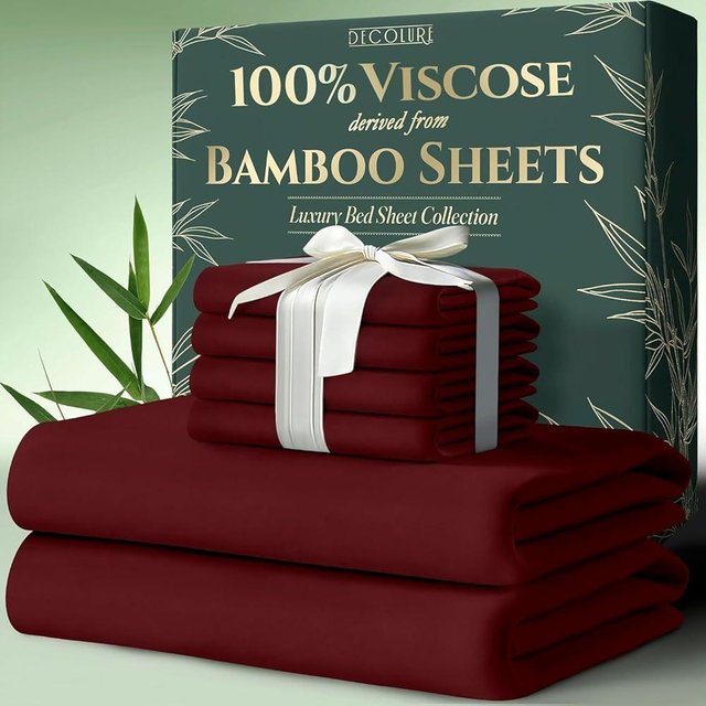 DECOLURE 100% Viscose Derived from Bamboo Sheets King Size 6pcs - Ultra Soft & Luxuriously Cooling, 17" Deep Pocket, Double Stitching, Perfect for Hot Sleepers - King Bed Sheets (Burgundy)