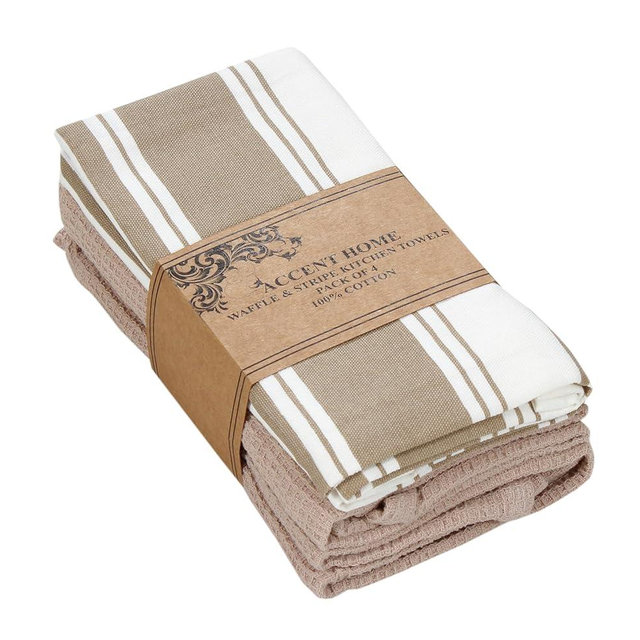 ACCENTHOME Accent Home Dish Towels Set, 100% Cotton Waffle & Stripe Kitchen Towels 4 Pieces, Super Absorbent Kitchen Hand Dish Cloths for Drying and Cleaning (18 x 26 Inches, Set of 4)