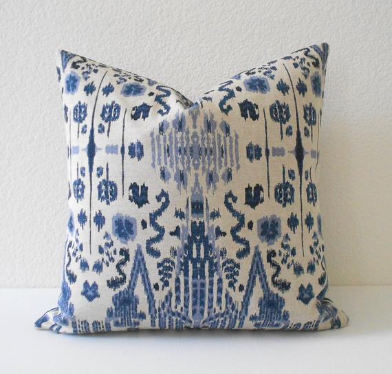 Double sided, Navy, Blue and Oatmeal Ikat Decorative Pillow Cover