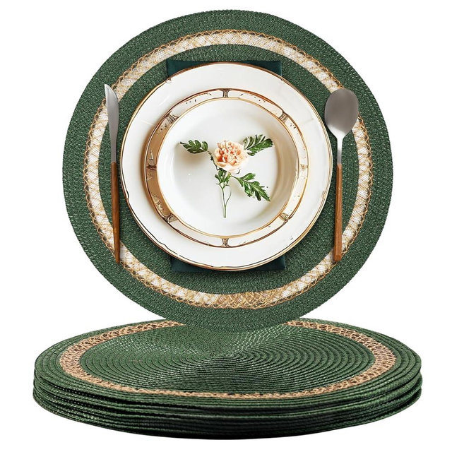 AHHFSMEI Round Paper and Jute Braided Placemats Set of 8 Non-Slip Heat Resistant Table Mats for Dining Tables Indoor & Outdoor Place mats for Daily Use (Green,8)