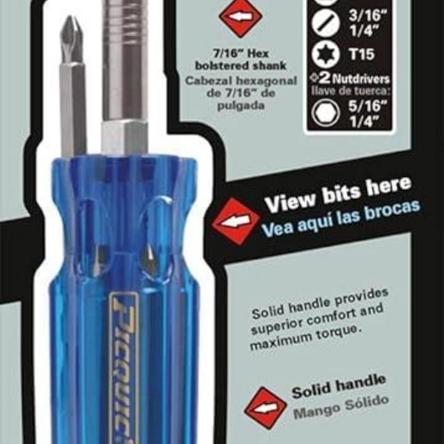 Picquic 98881 Carded Super 8 Plus 7 Multi Bit Screwdriver Nutdriver, Blue